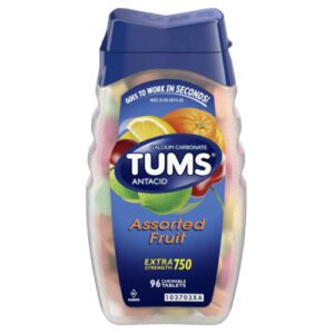 A bottle of Tums antacid assorted fruit flavor