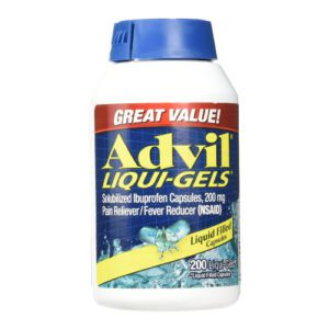 A bottle of Advil Liqui gels with blue cap