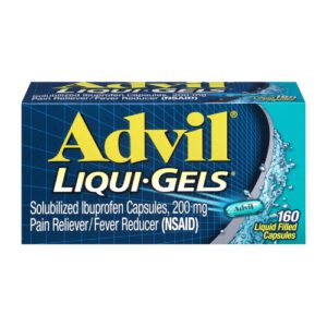 A bottle of Advil capsules for pain and fever