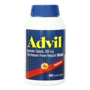 A bottle of Advil tablets with blue cap