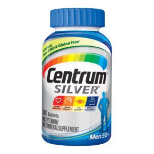A bottle of Centrum Silver supplements