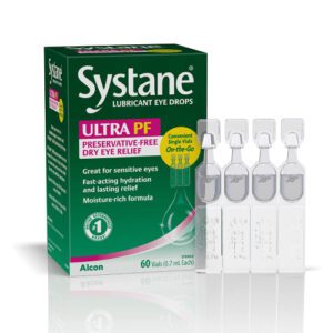 A pack of Systane Lubricant eye drops